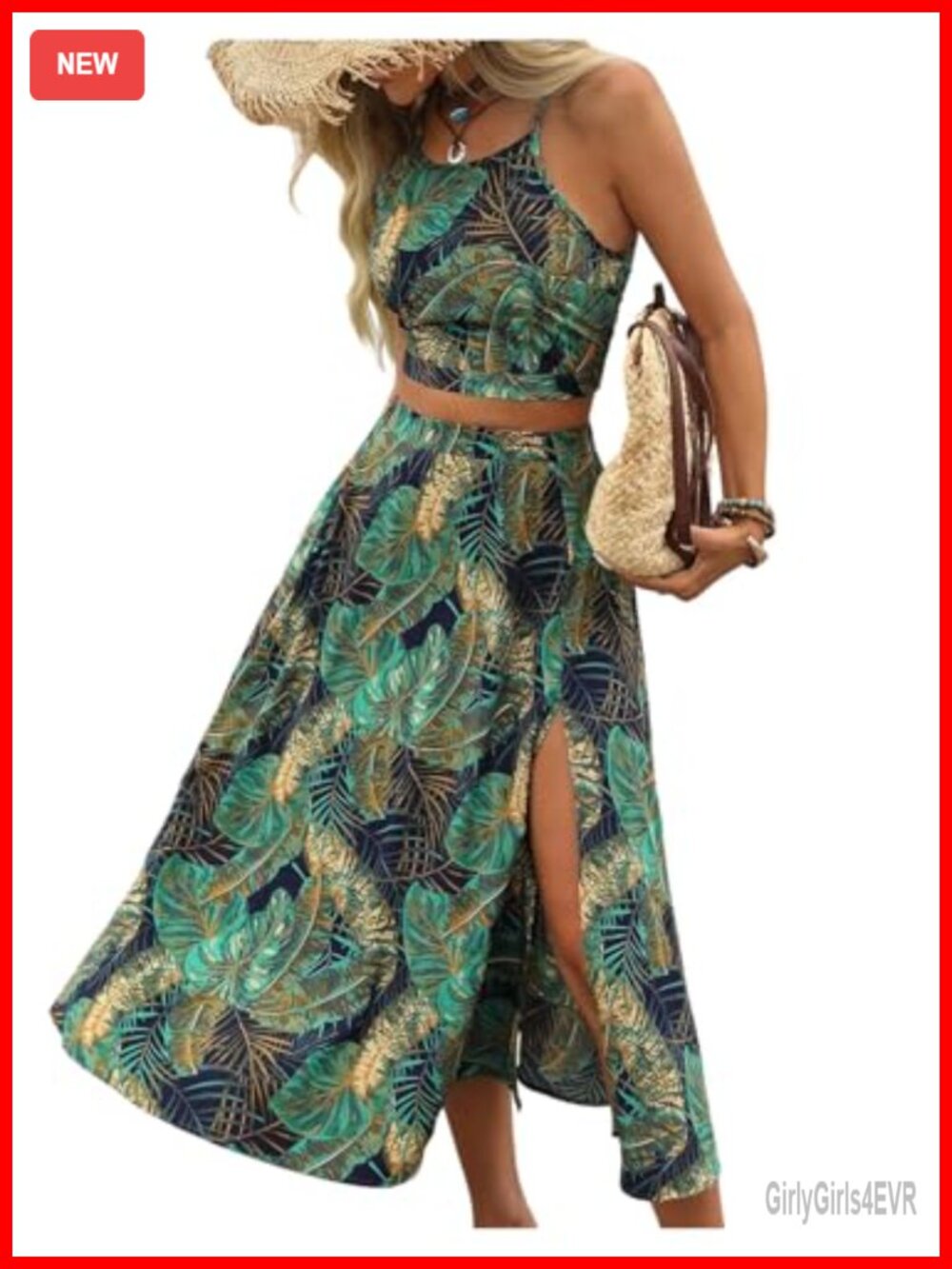 Tropical Print 2 Piece Skirt Set Crop Cami Top Split Thigh Beach Vacation Outfit